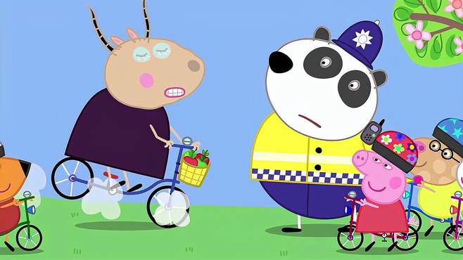 小猪佩奇：安全骑自行车，羚羊夫人的标准示范，得到警官的夸赞！